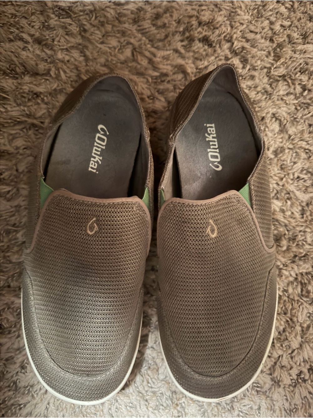 OluKai Men's Brown Mesh Slip-On Loafers with Green Accents - Picture 1 of 4